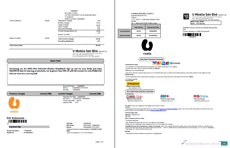 download download Malaysia U Mobile utility bill template in Word and PDF formats, 2 pages PDF template PDF template